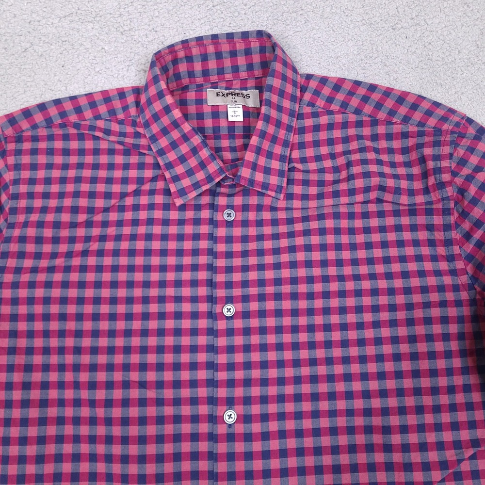 Express Shirt Mens Large Long Sleeve Gingham‎ Check Slim Button Down Red Blue